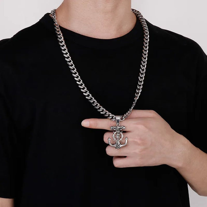 Men's Anchor Cross Necklace – Stainless Steel Cuban Link Chain with Ship's Wheel Pendant