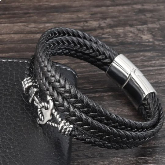 Men's Braided Leather Anchor Bracelet – Stainless Steel Magnetic Clasp