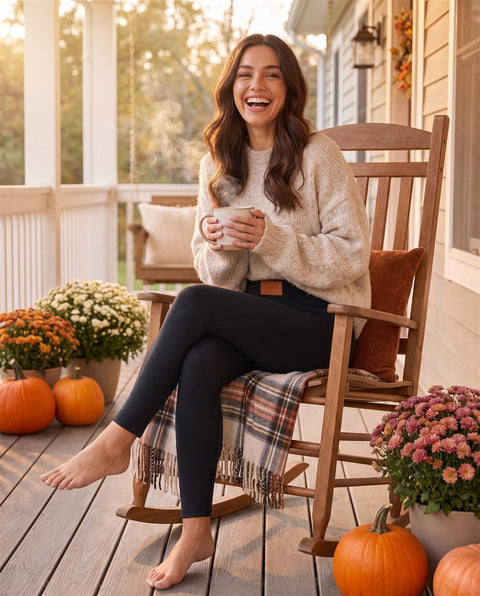Woman in black fleece-lined leggings and a cream sweater on a porch rocking chair holding a mug