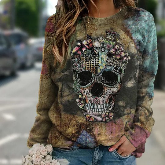 Women's Sugar Skull Long Sleeve Top – Floral Day of the Dead Sweatshirt