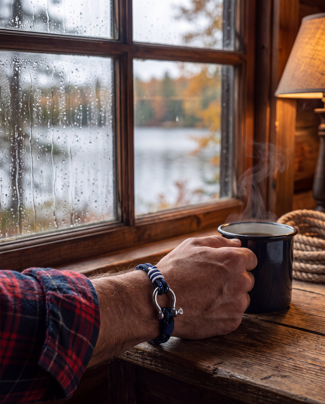 Man in a flannel shirt holding a coffee mug by a lake cabin window wearing the navy Lucky Anchor nautical paracord shackle bracelet