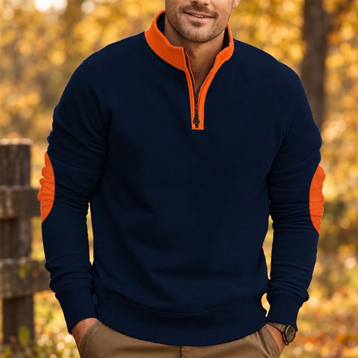 Men's Quarter-Zip Pullover Sweatshirt – Stand Collar with Elbow Patches