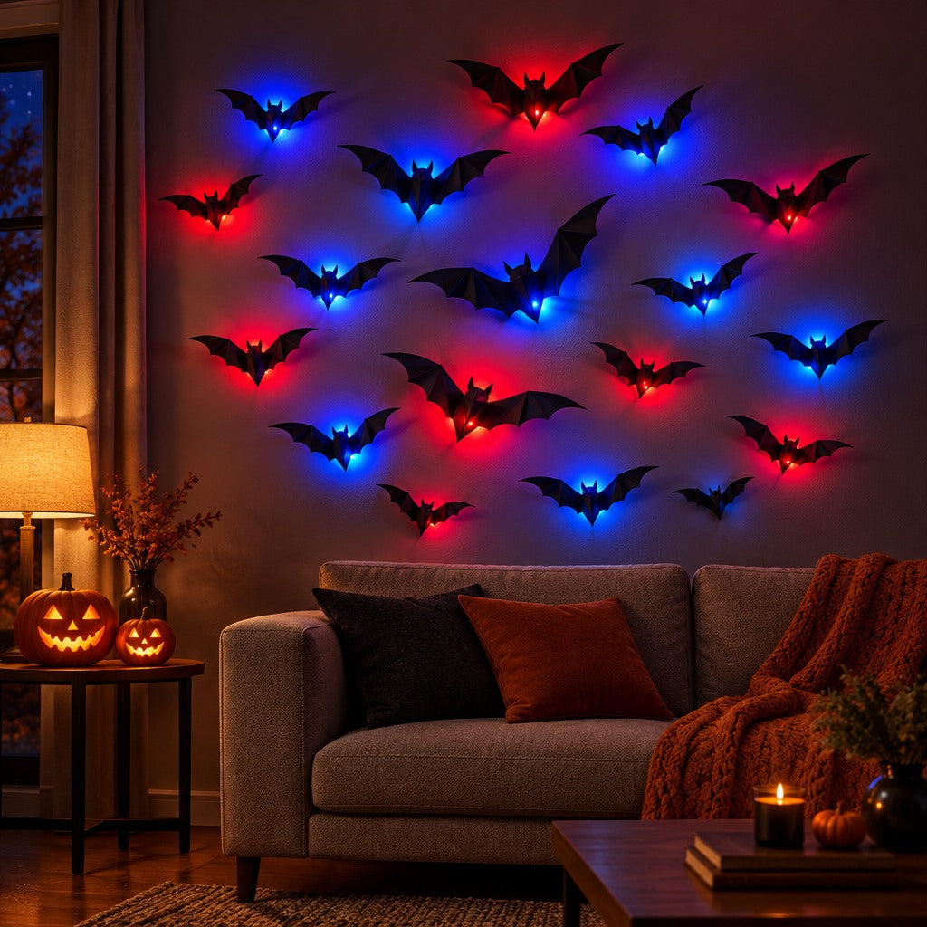 Glowing 3D LED bats on a living room wall - Lucky Anchor Supplies Co.