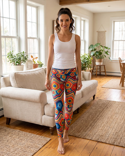 Woman standing in colorful crochet-print high-waist leggings in a living room