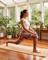 Woman in a lunge in colorful crochet-print leggings in a sunroom