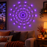 LED spider web light above a living room sofa