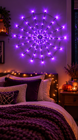 LED spider web above a cozy bed
