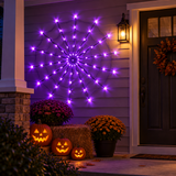 LED spider web light by a front door with pumpkins