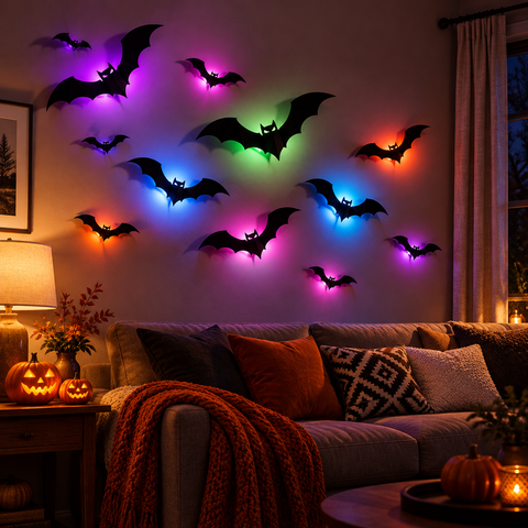 Multi-color LED bats on a living room wall