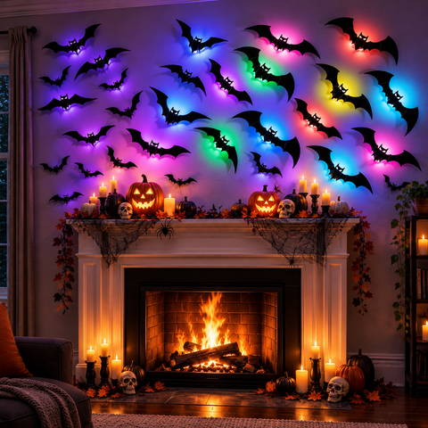 Color-changing LED bats above a Halloween fireplace - Lucky Anchor Supplies Co.