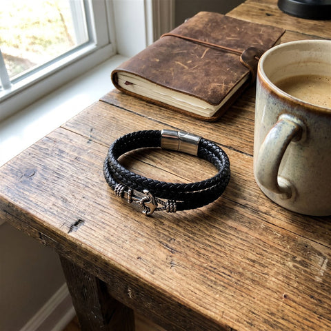 Braided leather anchor bracelet on a desk beside a notebook and mug
