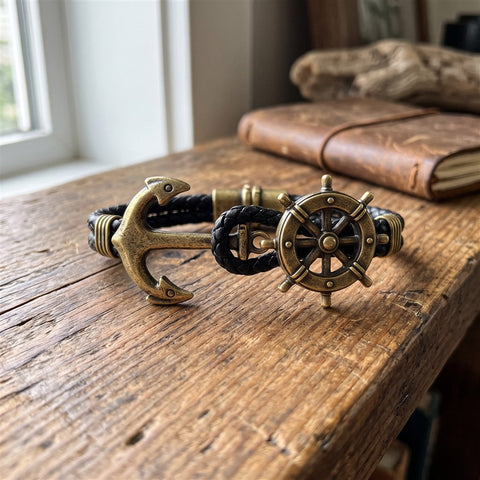 Close-up of the bronze anchor clasp on a wooden shelf